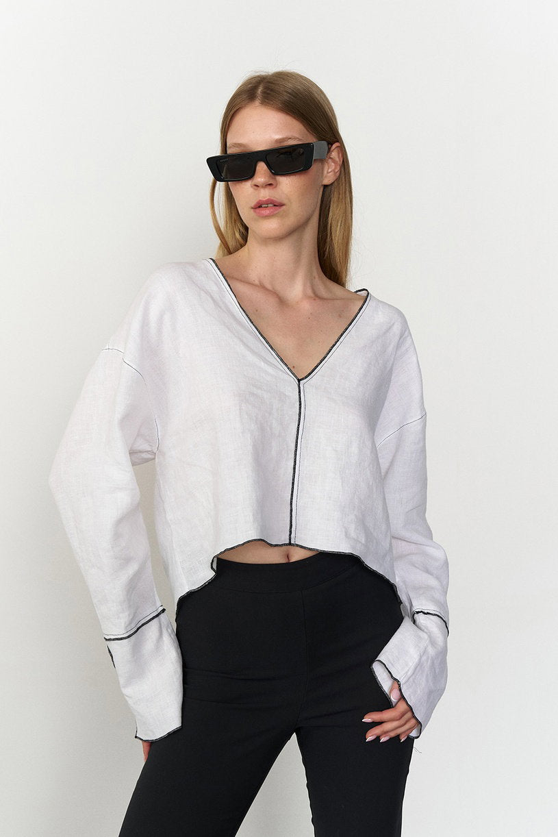 Linen 100% Contrast Stitch Blouse