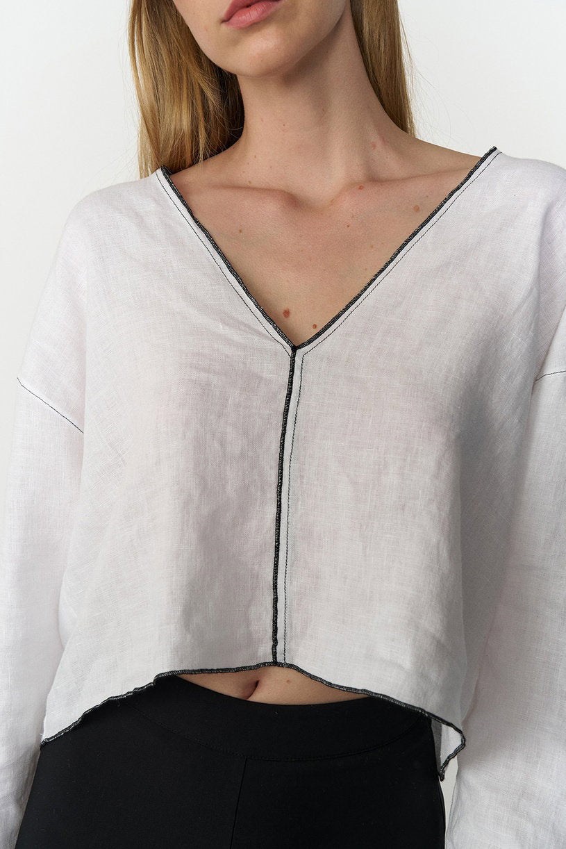 Linen 100% Contrast Stitch Blouse
